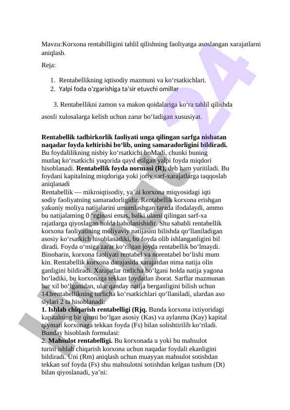 Korxona rentabilligini tahlil qilish