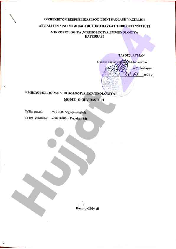 Mikrobiologiya va immunologiya o‘quv modulining tavsifi