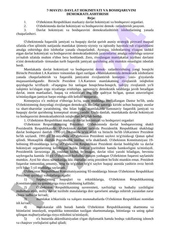 Davlat hokimiyati va boshqaruvini demokratlashtirish