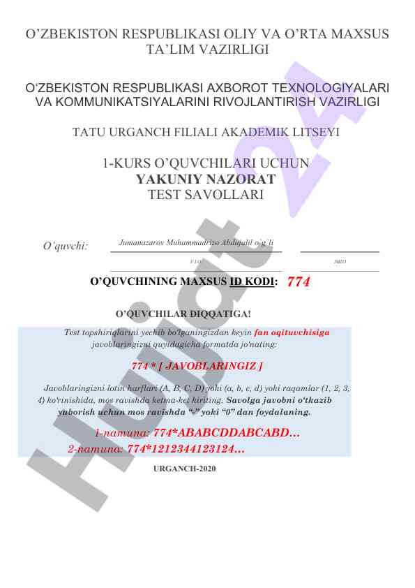 O'quvchilar uchun yakuniy nazorat test savollari