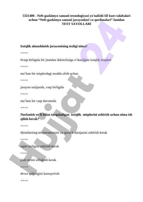 Neft-gazkimyo sanoati jarayonlari test savollari