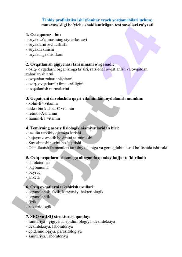Tibbiy proflaktika test savollari ro'yxati