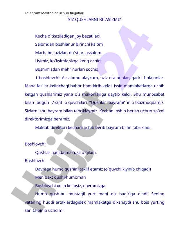 Qushlar bayrami - o`quvchilar uchun o`tkazilish rejasi