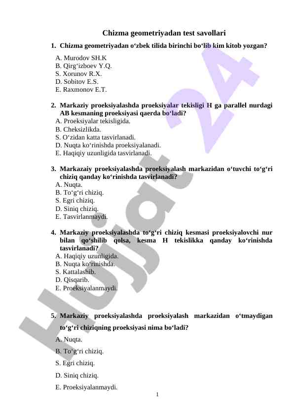 Chizma geometriyadan test savollari
