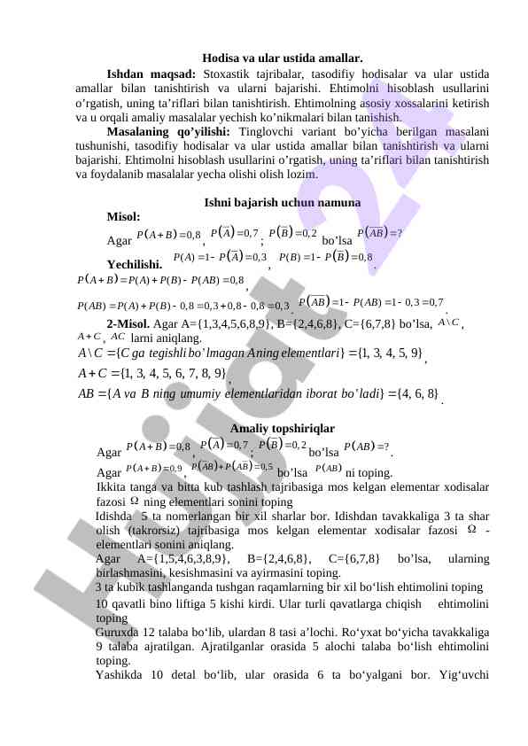 Hodisalar va ular ustida amallar