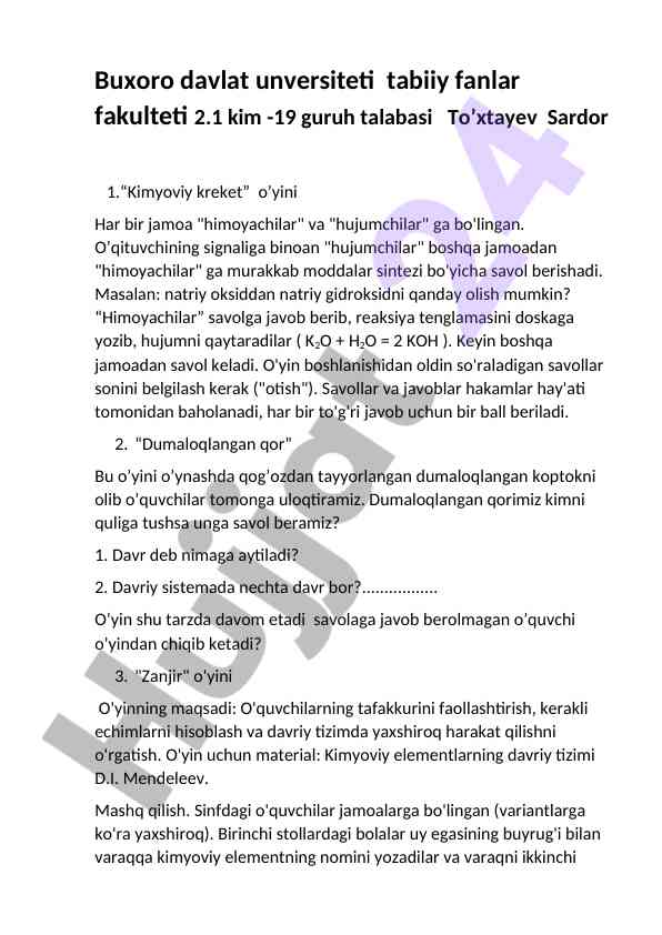 Kimyoviy kreket o'yinida ta'lim usullari