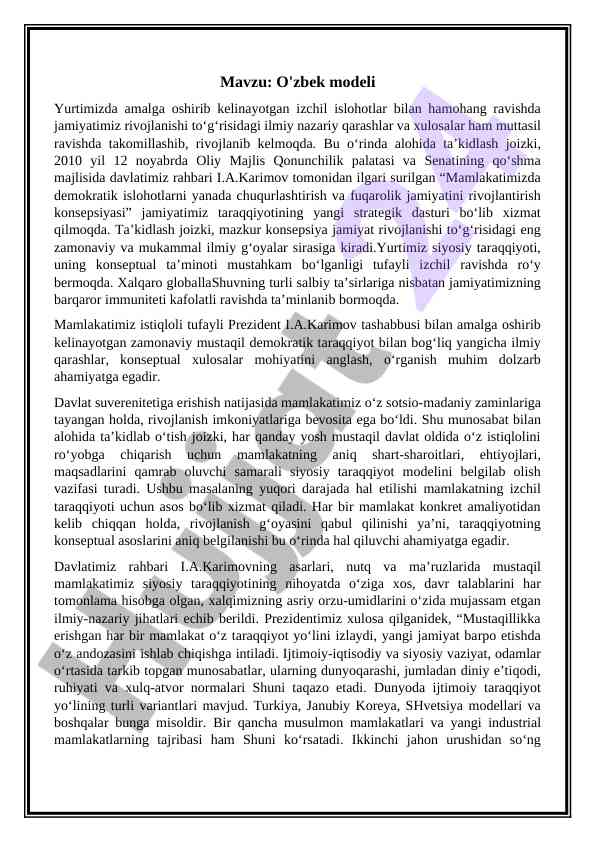 O'zbek modeli va jamiyat rivojlanishi nazariyasi