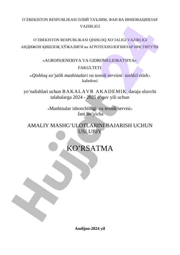 Mashinalar ishonchliligi va texnik servisi uslubiy ko’rsatma