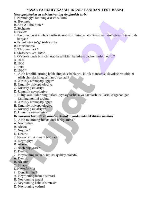 Asab va ruhiy kasalliklar fanidan test banki