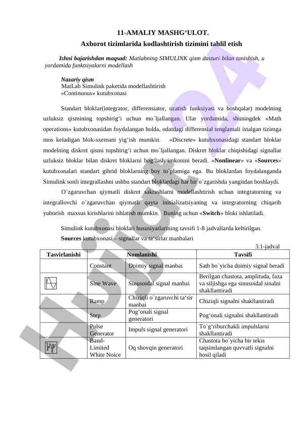 Matlab simulink dasturida funktsiyalarni modellash