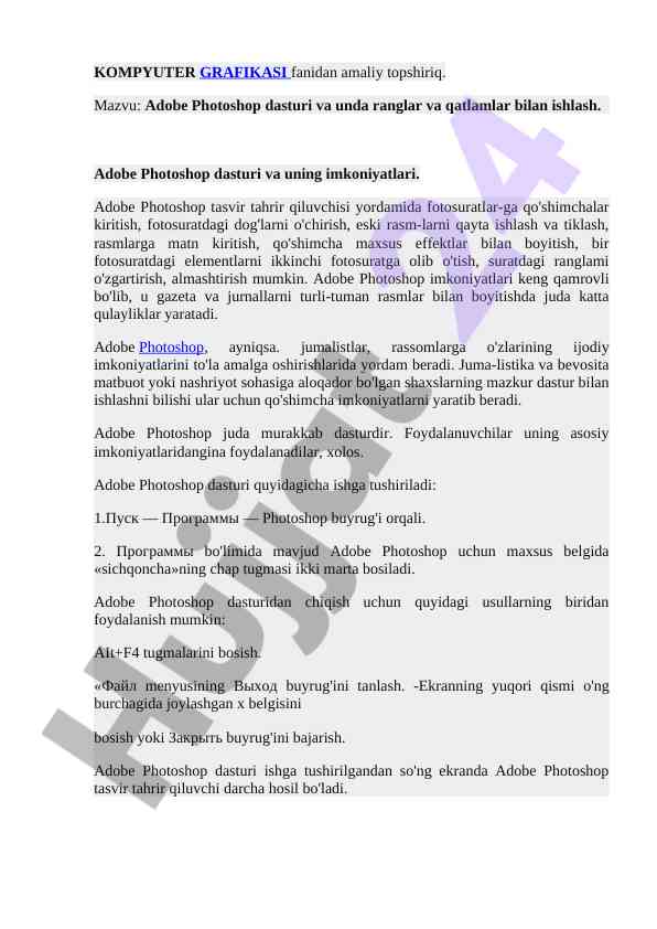 Adobe photoshop dasturida ranglar va qatlamlar bilan ishlash
