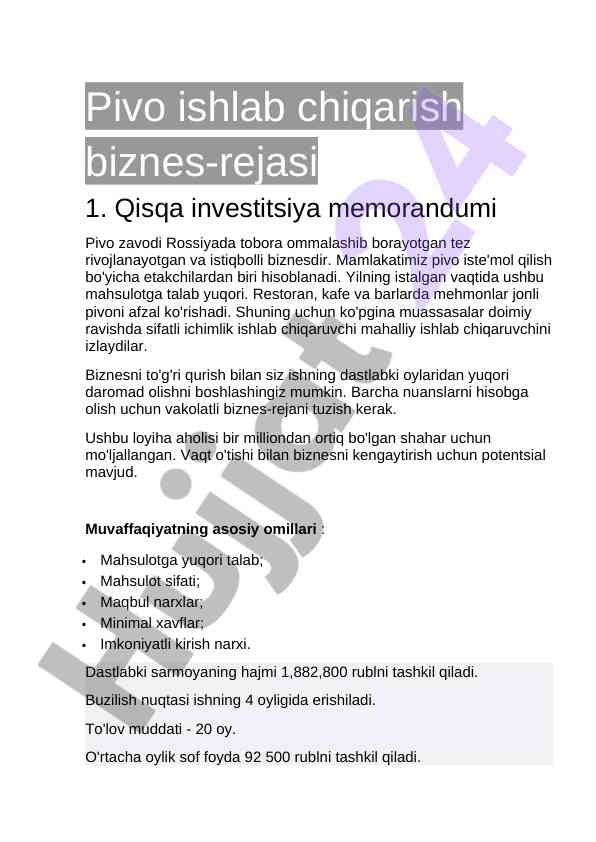 Pivo ishlab chiqarish biznes-rejasi tahlili