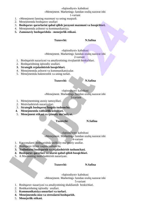 Oraliq nazorat ishlari menejment va marketing fanidan