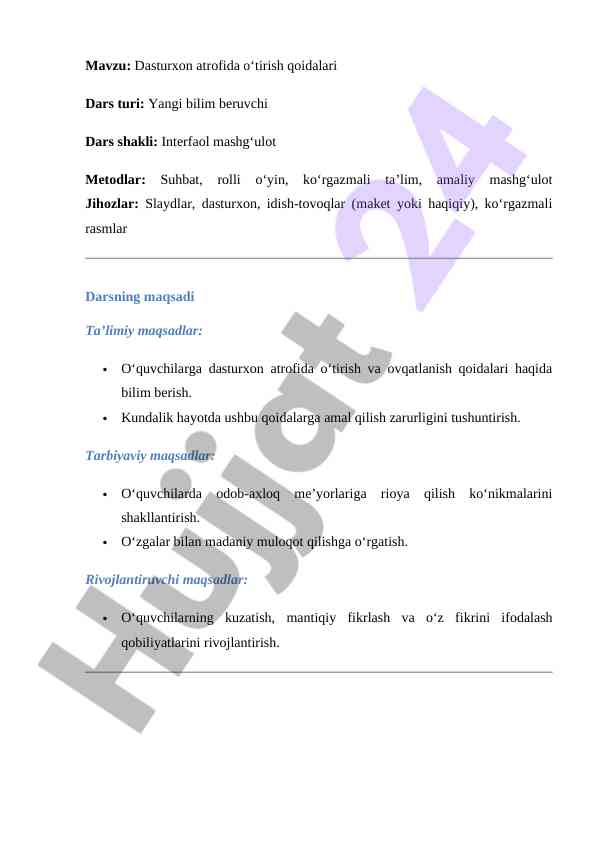 Dasturxon atrofida o‘tirish qoidalari dars rejasi