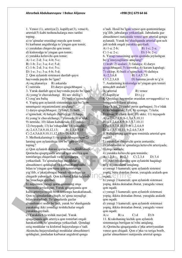 Qon aylanishi va yurak tuzilishiga oid testlar