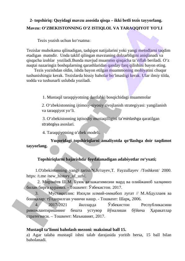 O'zbekistonning o'z istiqlol va taraqqiyot yo'li