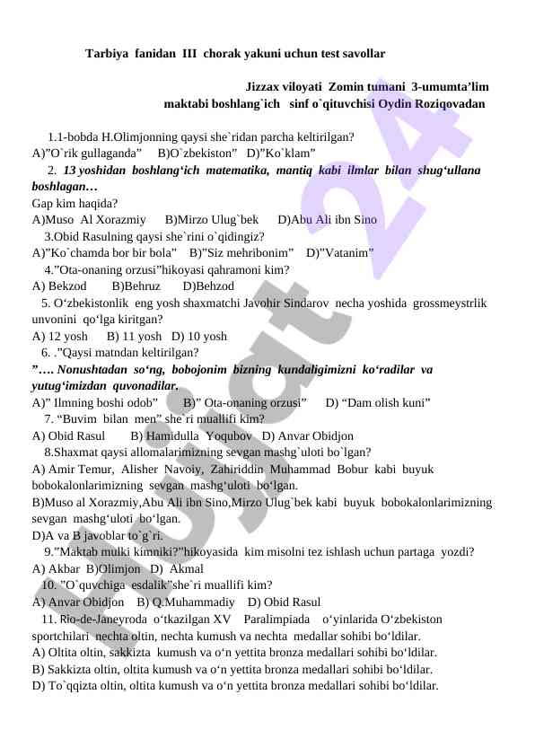 Tarbiya fanidan iii chorak test savollari