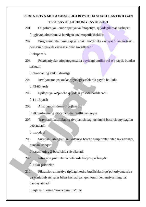 Psixiatriya mutaxassisligi bo'yicha test savollari