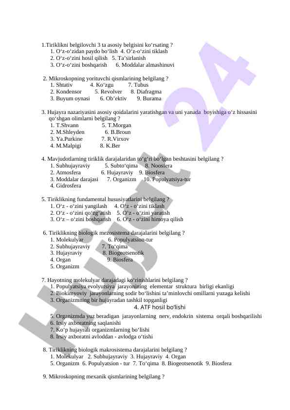Biologiya tiriklik belgilari test