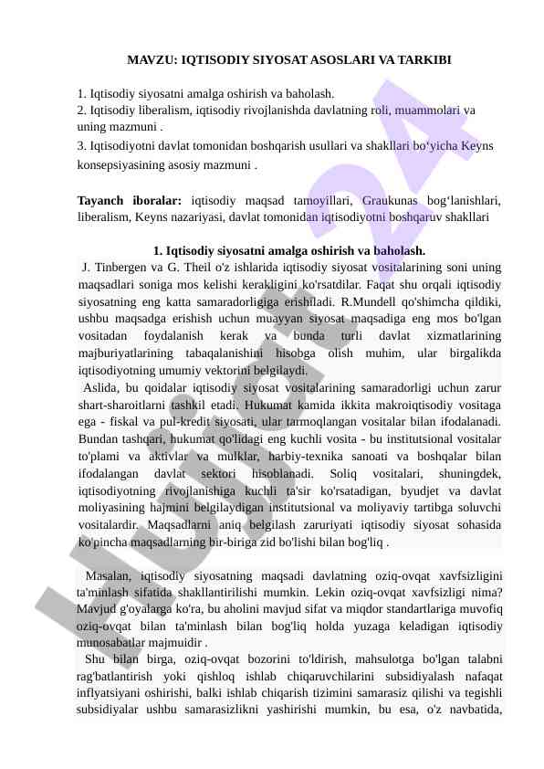 Iqtisodiy siyosat asoslari va tarkibi