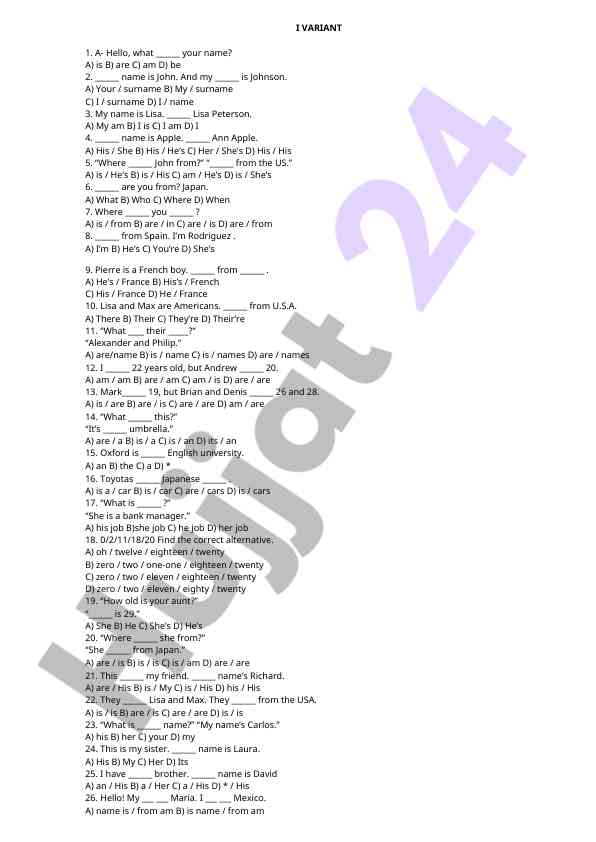 English language test for beginners