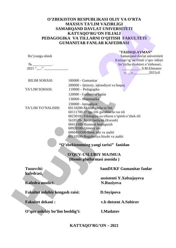 O’zbekistonning yangi tarixi o’quv-uslubiy majmua