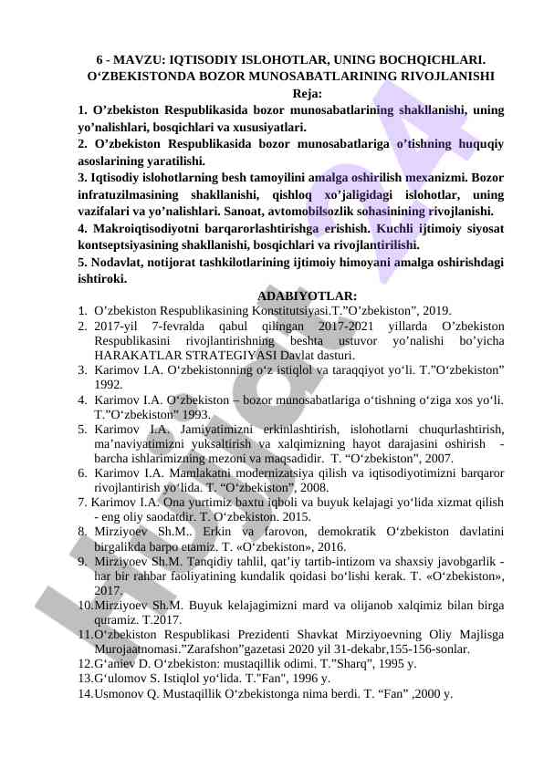 Iqtisodiy islohotlar va bozor munosabatlari rivoji