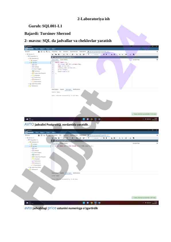 Sql da jadvallar yaratish va cheklovlar o'rnatish