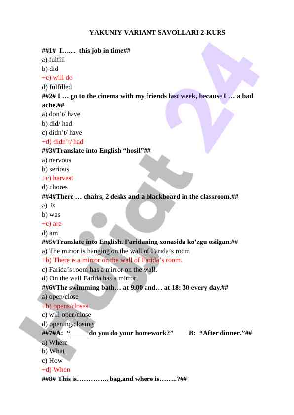 Yakuniy variant savollari 2-kurs imtihon
