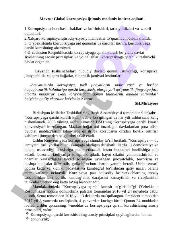 Global korruptsiya ijtimoiy madaniy inqiroz oqibati