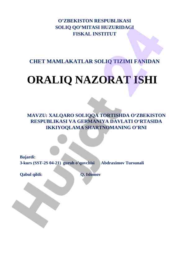 Xalqaro soliq tizimi o‘rni o‘zbekiston va germaniya