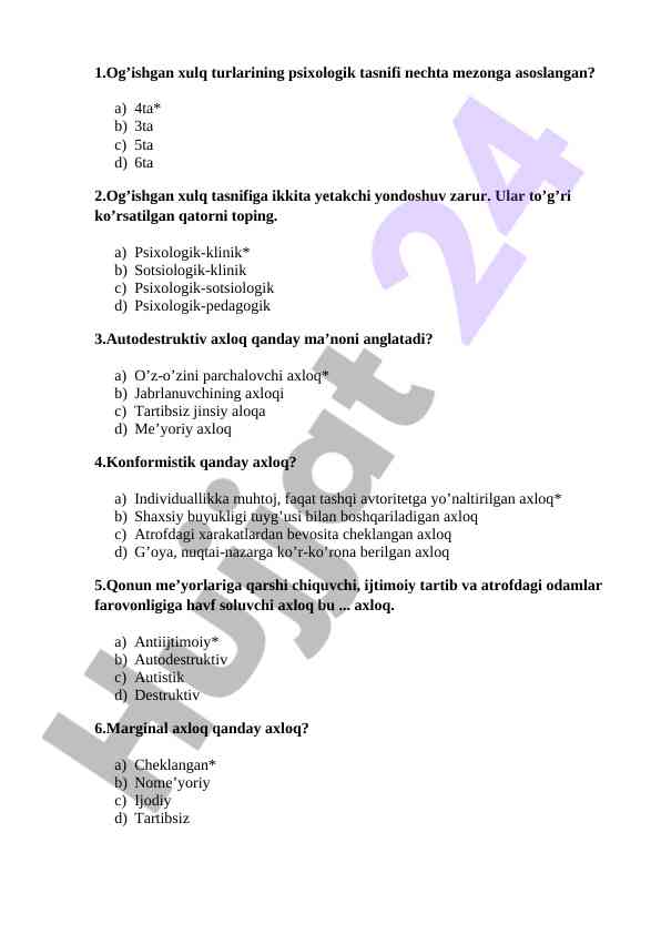 Og’ishgan xulq turlarining psixologik tasnifi