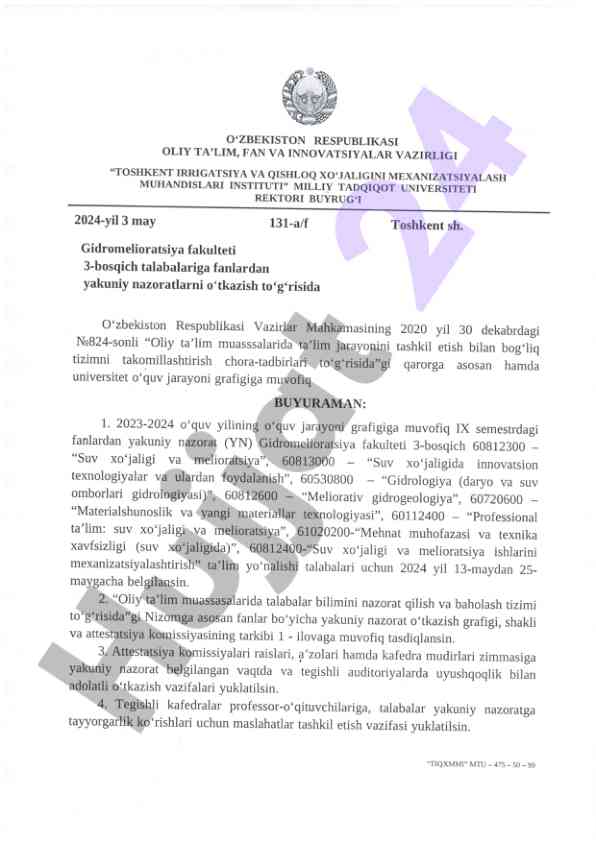 Gidromelioratsiya fakulteti yakuniy nazoratlar