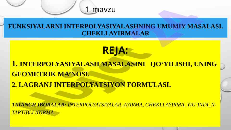 Funktsiyalarni interpolyasiyalash masalasi tahlili
