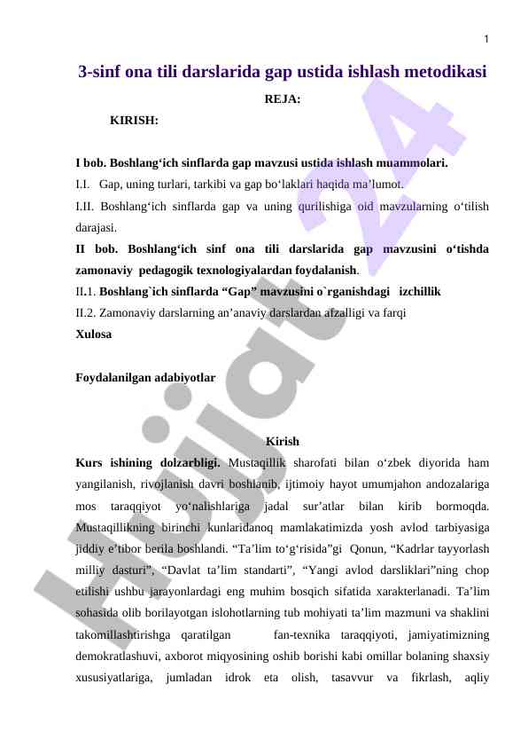 3-Sinf Ona Tili Darslarida Gap Ustida Ishlash Metodikasi
