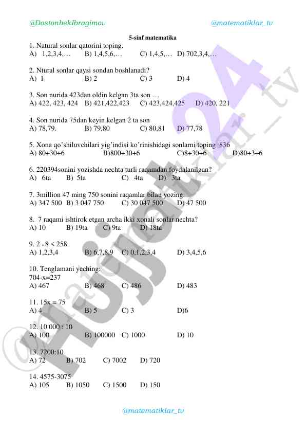 Matematika mavzulari bo'yicha 5-sinf testlari