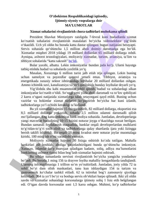Xizmat sohalarini rivojlantirish tadbirlarining tahlili