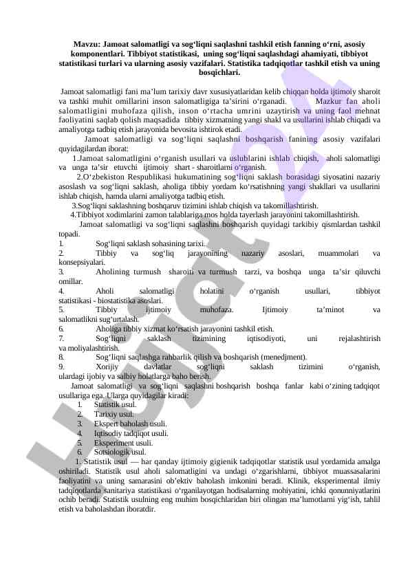 Jamoat salomatligi va tibbiyot statistikasi asoslari