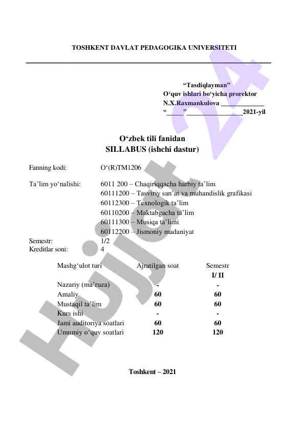 O‘zbek tili syllabus for academic year 2021