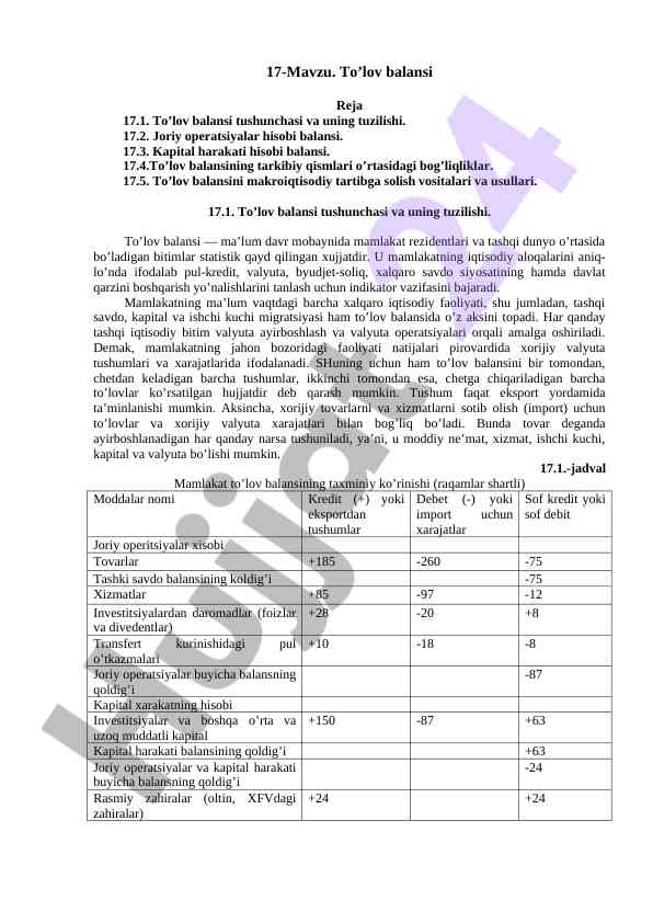 To'lov balansi tushunchasi va tuzilishi