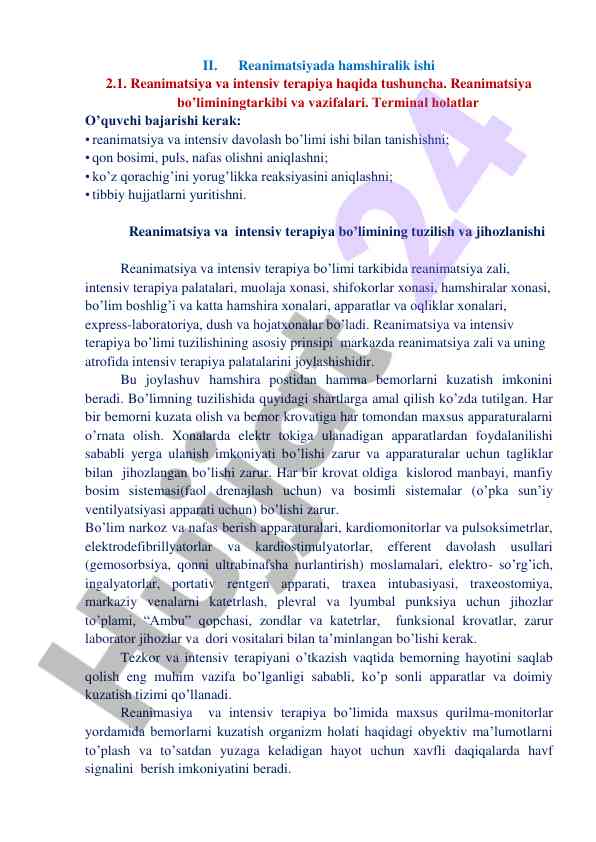 Reanimatsiya va intensiv terapiya hakkida tushuncha