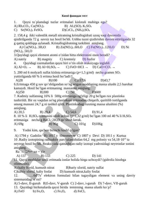 Kimyo fanidan test savollari