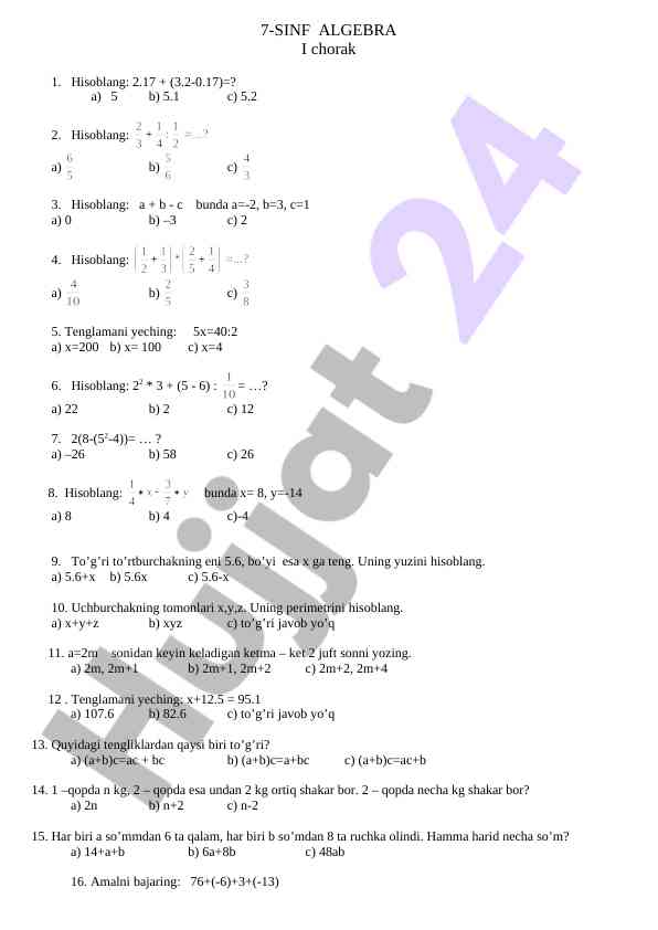 7-sinf algebra hisoblash va tenglamalar