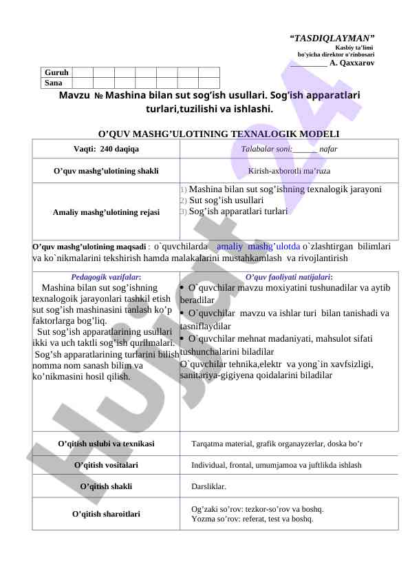 Mashina bilan sut sog’ish usullari ta’lim rejasi