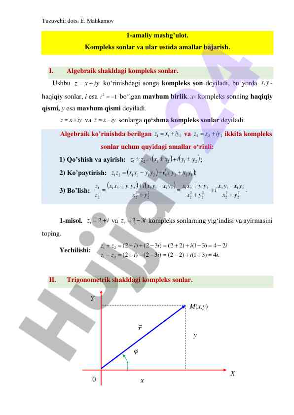 Kompleks sonlar va ular ustida amallar bajarish