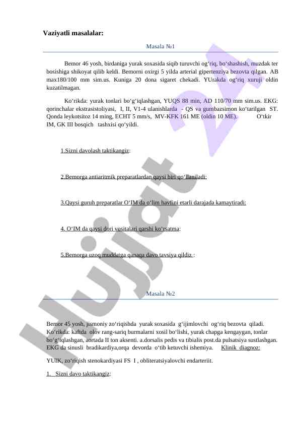 Yurak kasalliklari diagnostikasi va davolash takliklari