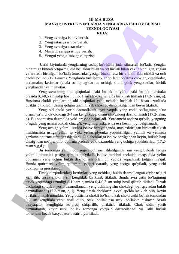 Ustki kiyimlarda yenglarga ishlov berish texnologiyasi