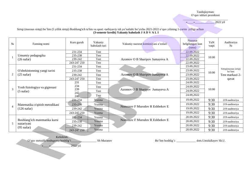 Final assessment schedule for 2021-2022 academic year