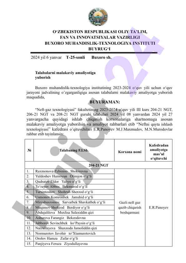 Malakaviy amaliyotga yuborish bo‘yicha buyruq 2024