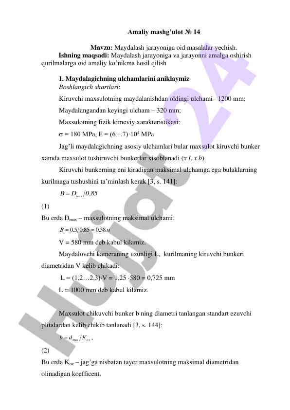 Maydalash jarayoniga oid masalalar yechish amaliy mashg‘ulot